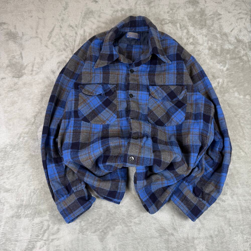 Pendleton Loop Collar Blue Plaid Wool Long Sleeve… - image 1